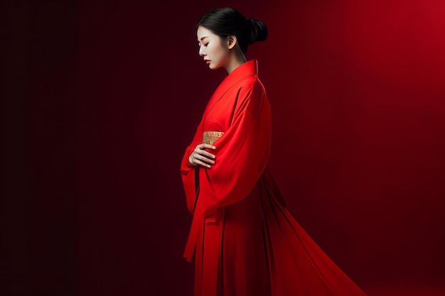Azjatycka kobieta w czerwonej sukience Portret kosmiczny Generuj AI