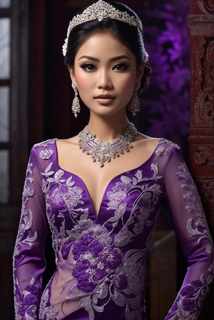 Zdjęcie azjatycka kobieta w purpurowym kebaya
