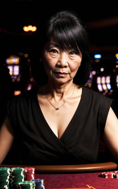 Azjatycka kobieta w średnim wieku w luksusowym kasynie generatywnym AI