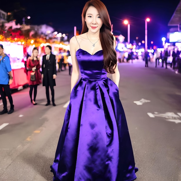 Azjatycka kobieta w sukience stojąca na ulicy, nocna sztuka generatywna autorstwa AI