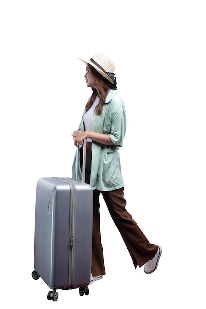 Azjatycka kobieta z kapeluszem i walizką