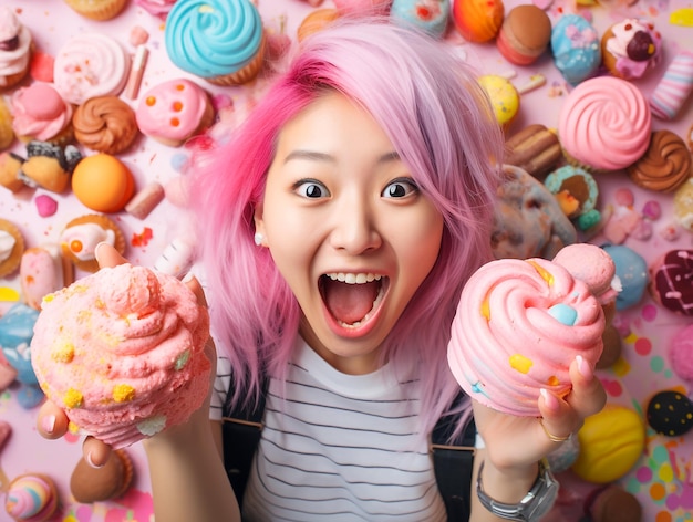 Zdjęcie azjatycka kobieta z różowymi włosami wśród unoszącego się wokół jedzenia
