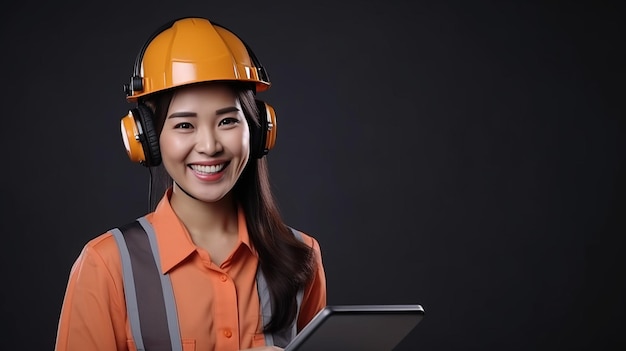 Azjatycka młoda inżynierka z uroczą uśmiechniętą ręką trzymającą cyfrowy tablet wygenerowany przez sztuczną inteligencję
