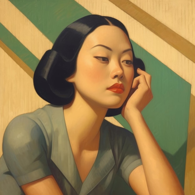 Azjatycka młoda kobieta w myśleniu i wątpliwości vintage ilustracji Samica hipster postać z marzycielską twarzą na abstrakcyjnym tle Ai wygenerowany jasny plakat retro