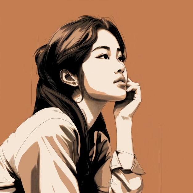 Azjatycka młoda kobieta w myśleniu i wątpliwościach ilustracja kreskówka Kobieta hipster postać z marzycielską twarzą na abstrakcyjnym tle Ai wygenerował jasny, narysowany kolorowy plakat
