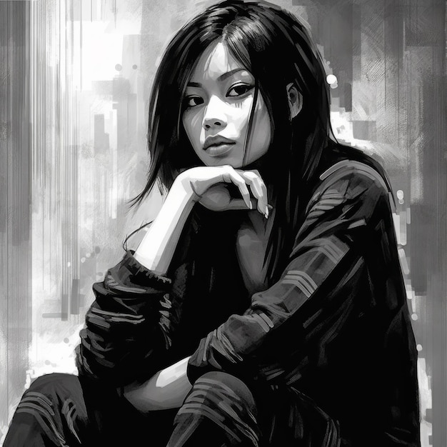 Azjatycka młoda kobieta w myśleniu i wątpliwościach monochromatyczna ilustracja Kobieta hipster postać z marzycielską twarzą na abstrakcyjnym tle Ai wygenerował czarno-biały narysowany plakat