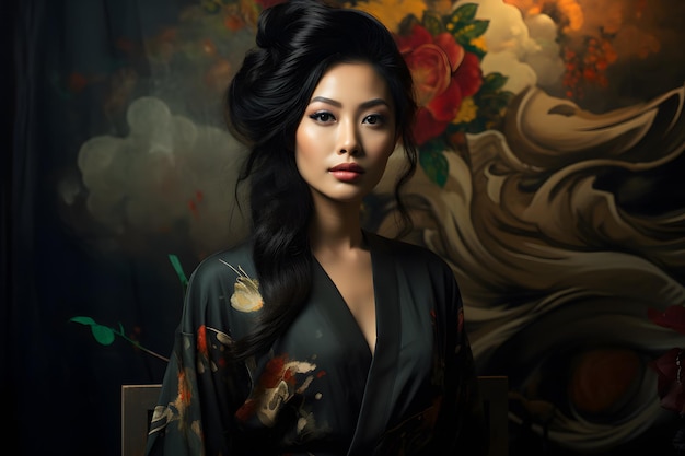 Azjatycka modelka pozująca, oświetlenie w studiu, kreatywna atmosfera pokazująca sztukę fotografii portretowej.