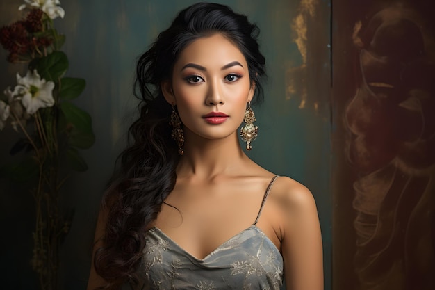 Azjatycka modelka pozująca, oświetlenie w studiu, kreatywna atmosfera pokazująca sztukę fotografii portretowej.