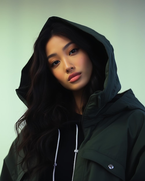 Azjatycka modelka w czarnej kurtce pozująca w studiu
