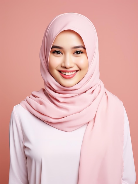 Azjatycka muzułmanka na białym tle różowe tło