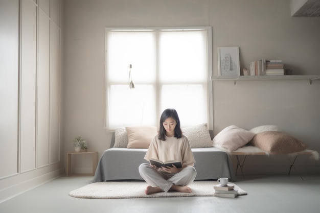 Azjatycka nastolatka czytająca książki w salonie, dorywczo relaksująca Generative AI AIG23