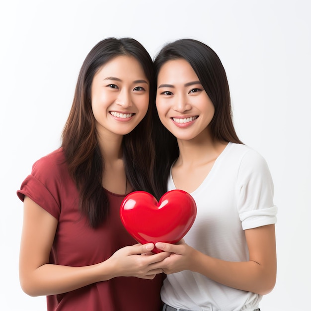 Azjatycka para lesbijek trzymająca czerwone serce izolowana na białym lub przezroczystym tle AI Generowany