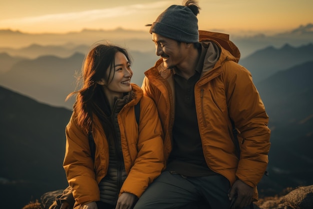 Azjatycka para w pomarańczowym stroju trekkera siedzi na skale i uśmiecha się na szczycie góry Generacyjna AI