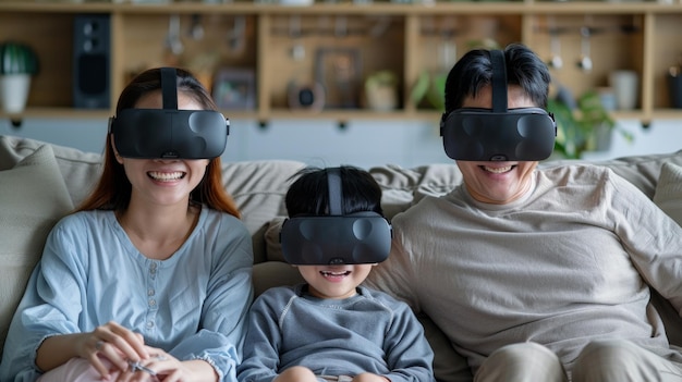 Azjatycka rodzina na kanapie zanurzona w grach VR w salonie dzieląca się śmiechem i radością innowacyjne eksploracje technologiczne AI Generative