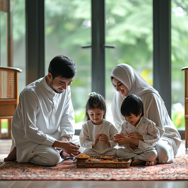 Azjatycka rodzina świętująca EidUlFitr w domu
