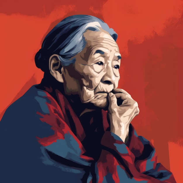 Azjatycka stara kobieta w myśleniu i wątpliwościach ilustracja namalowana olejem Kobieca postać z marzycielską twarzą na abstrakcyjnym tle AI wygenerował jasny plakat na płótnie akrylowym