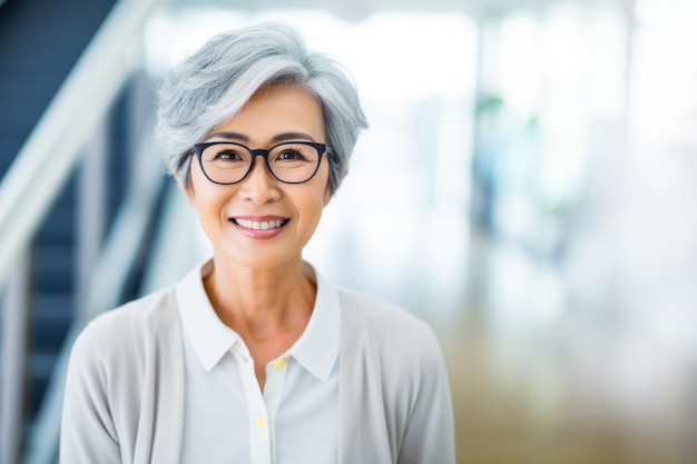 azjatycka starsza kobieta biznesu ze skrzyżowanymi ramionami uśmiecha się i patrzy w kamerę, odnosząc sukces zawodowy