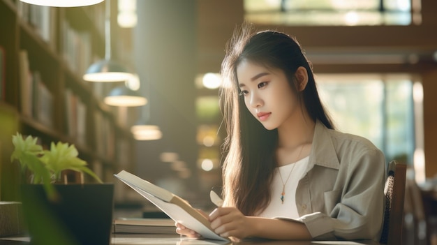 Azjatycka studentka lub studentka z wymiany robiąca notatki z książki w bibliotece uczelni