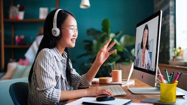 Azjatycka studentka na konferencji wideo e-learning z nauczycielem i kolegami z klasy na komputerze w mieszkaniu