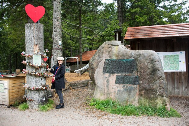 Azjatycka tajska kobieta podróżująca zrób zdjęcie z kłódkami wygrawerowanymi imionami zakochanych zamkniętych na drzewie nad jeziorem Mummelsee 8 września 2017 r. w Stuttgarcie, Niemcy