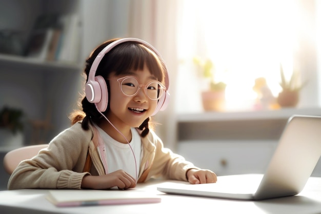 Azjatycka uczennica nosi słuchawki do nauki online z wideorozmową nauczyciela nauczania w domu generatywną ai