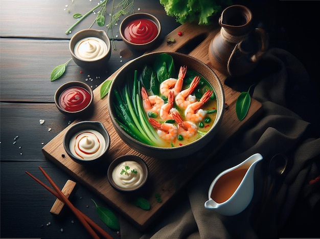 Zdjęcie azjatycka zupa krewetkowa jest na talerzu.