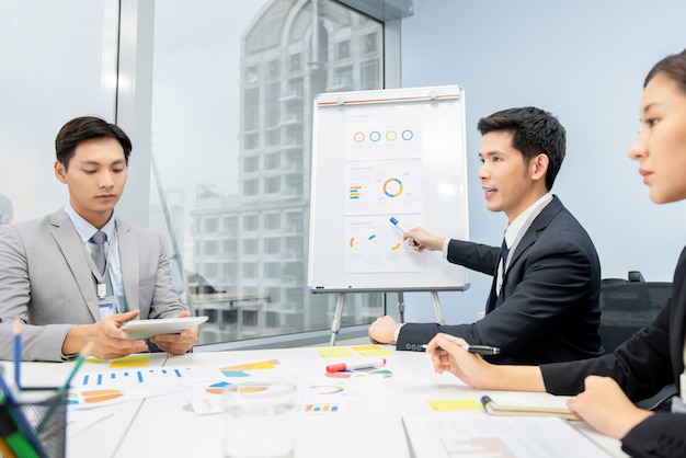 Azjatycki Biznesmen Przedstawia Plan Biznesowy Sporządza Mapę Przy Spotkaniem