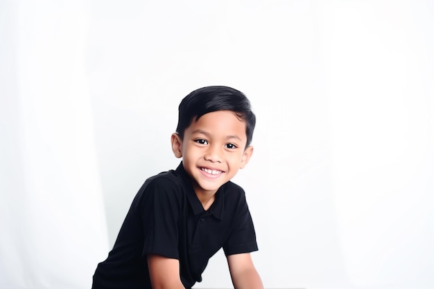 Azjatycki chłopiec uśmiechający się nosić czarny strój na białym tle