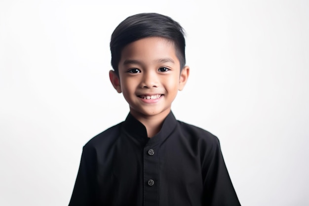 Azjatycki chłopiec uśmiechający się nosić czarny strój na białym tle