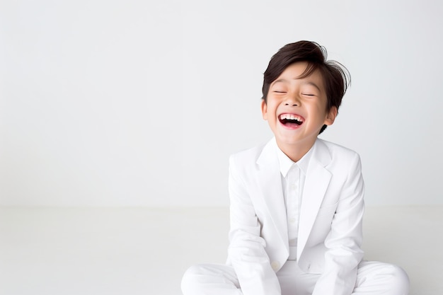 Azjatycki chłopiec w białym garniturze.