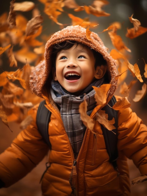Azjatycki chłopiec w emocjonalnej, dynamicznej pozycji na jesieni.