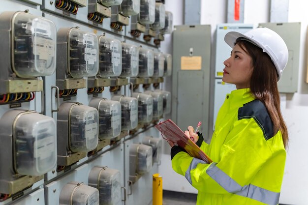 Azjatycki inżynier elektryk trzymający schowek do sprawdzania i monitorowania instalacji elektrycznej w sterowniTechnik pracujący w Tajlandii