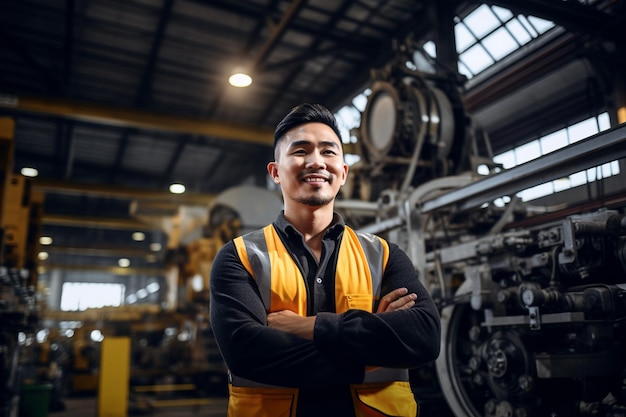 azjatycki inżynier, profesjonalny mężczyzna rozmawiający przy maszynie w fabryce