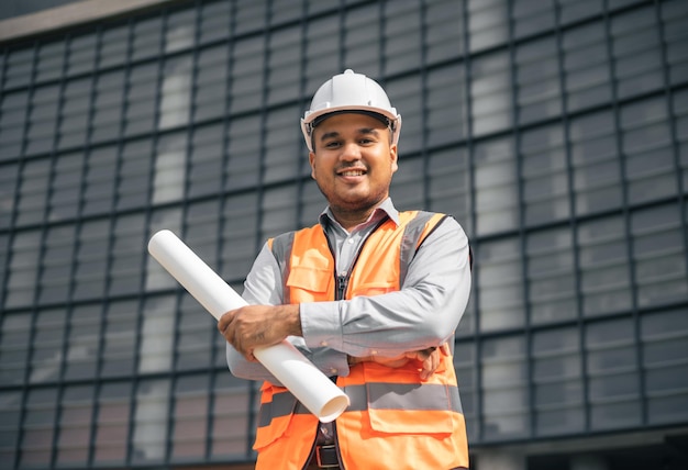 Azjatycki inżynier, przystojny mężczyzna lub architekt, nie mogę się doczekać, trzymając papierkową robotę z białym kaskiem na budowie Stojąc w nowoczesnym budynku