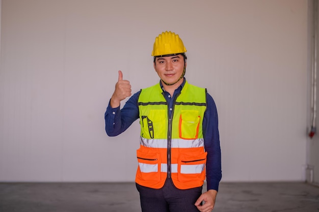 Azjatycki inżynier stojący w fabryce wysyłający pewnego inżyniera budowlanego, który szczęśliwie odniósł sukces w planowaniu celów