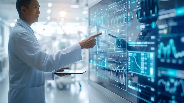 Zdjęcie azjatycki lekarz w futurystycznym szpitalu używający cyfrowego interfejsu