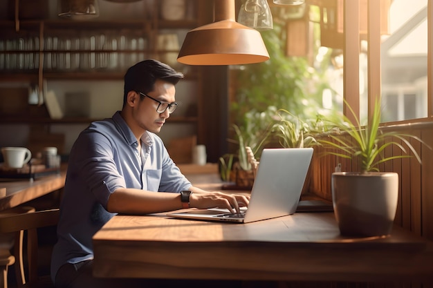 Azjatycki mężczyzna pracujący ze swoim laptopem w Cafe Biznesmen pracujący w obszarze roboczym Generacyjna sztuczna inteligencja
