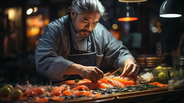 azjatycki mężczyzna przygotowuje jedzenie w restauracji sushi