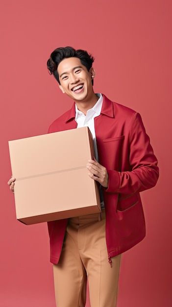 Azjatycki mężczyzna trzyma pudełko