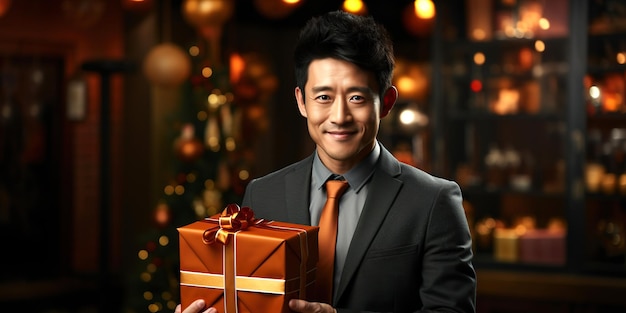 azjatycki mężczyzna trzyma w rękach pudełko z prezentem świątecznym