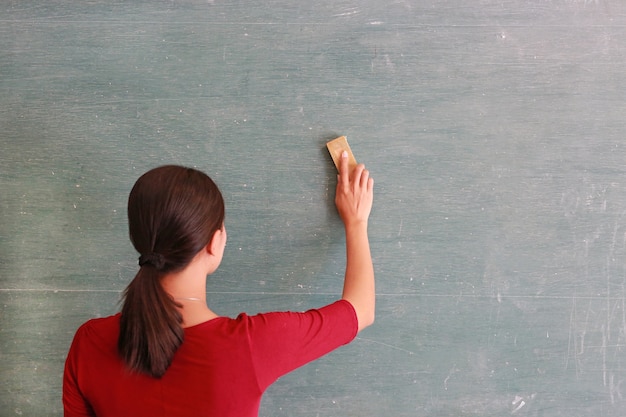 Azjatycki Nauczyciel Wymazuje Na Blackboard Z Deskową Gumką W Sala Lekcyjnej