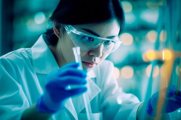 Azjatycki naukowiec lub badacz w okularach i masce patrzący na probówkę zawierającą przezroczysty roztwór w medycznym laboratorium badawczym