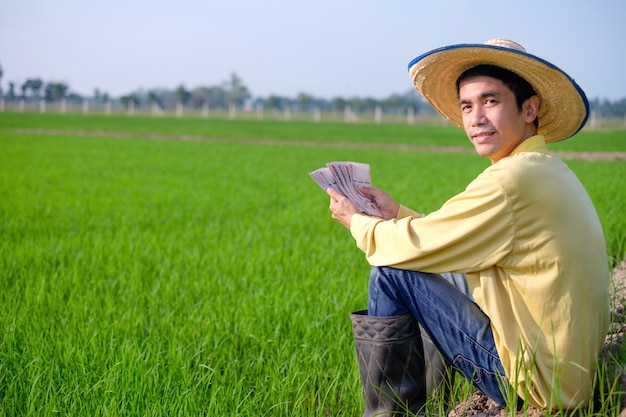 Azjatycki rolnik siedzący i trzymający tajskie banknoty na farmie zielonego ryżu rice
