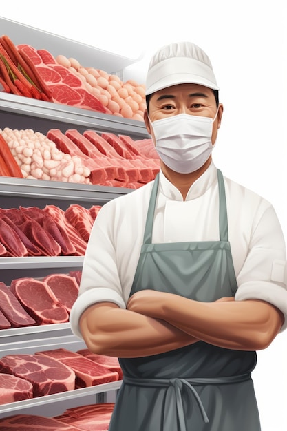 Azjatycki rzeźnik stojący z skrzyżowanymi rękami przed wystawą mięsa