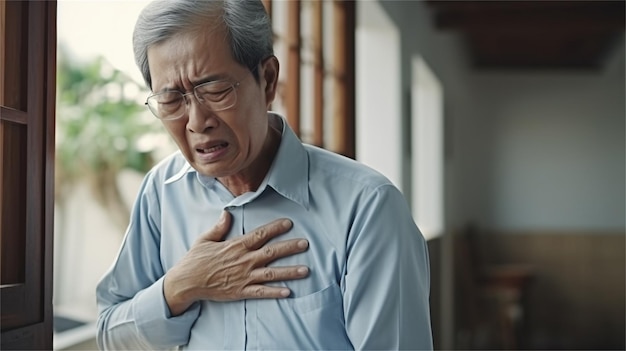 Azjatycki starszy mężczyzna cierpiący na atak serca lub ból w klatce piersiowej w swoim domu