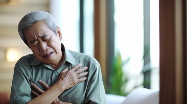 Azjatycki starszy mężczyzna cierpiący na atak serca w kawiarni Koncepcja opieki zdrowotnej