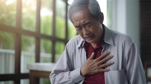 Azjatycki starszy mężczyzna cierpiący na atak serca w kawiarni Koncepcja opieki zdrowotnej