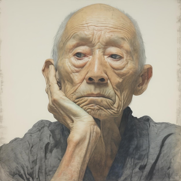 Zdjęcie azjatycki staruszek w myśleniu i wątpliwościach fotorealistyczna ilustracja mężczyzna z marzoną twarzą na abstrakcyjnym tle ai wygenerował realistyczny jasny plakat