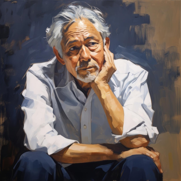 Azjatycki stary człowiek w myśleniu i wątpliwościach olej namalowany ilustracji Męski charakter z marzycielską twarzą na abstrakcyjnym tle Ai wygenerował jasny plakat z płótna akrylowego