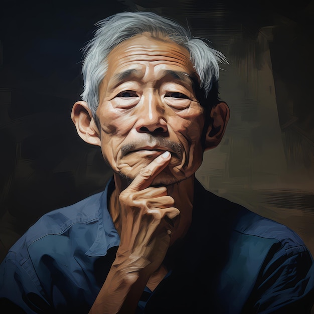 Azjatycki starzec w myśleniu i wątpliwościach fotorealistyczna ilustracja Męska postać z marzycielską twarzą na abstrakcyjnym tle Ai wygenerował realistyczny jasny plakat